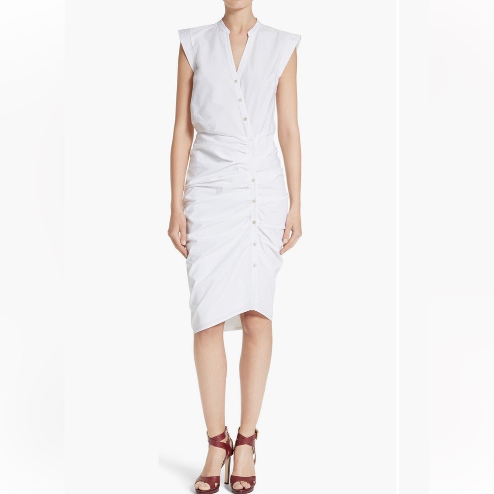 NWT Veronica Beard White Ruched Button-Front Midi Dress!